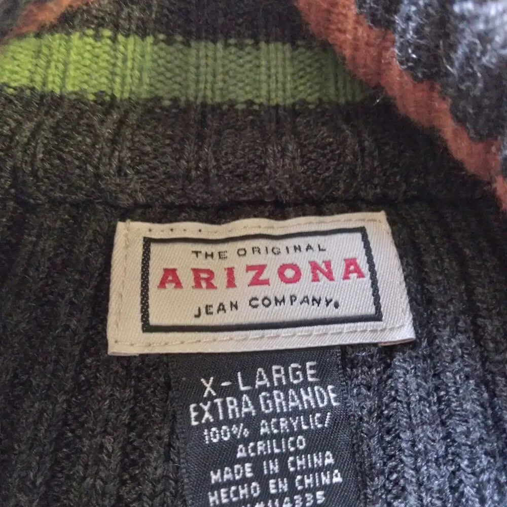 Arizona Jean Company Sweater Full Zip Gray Green Stripe Preppy Y2K Men's XL